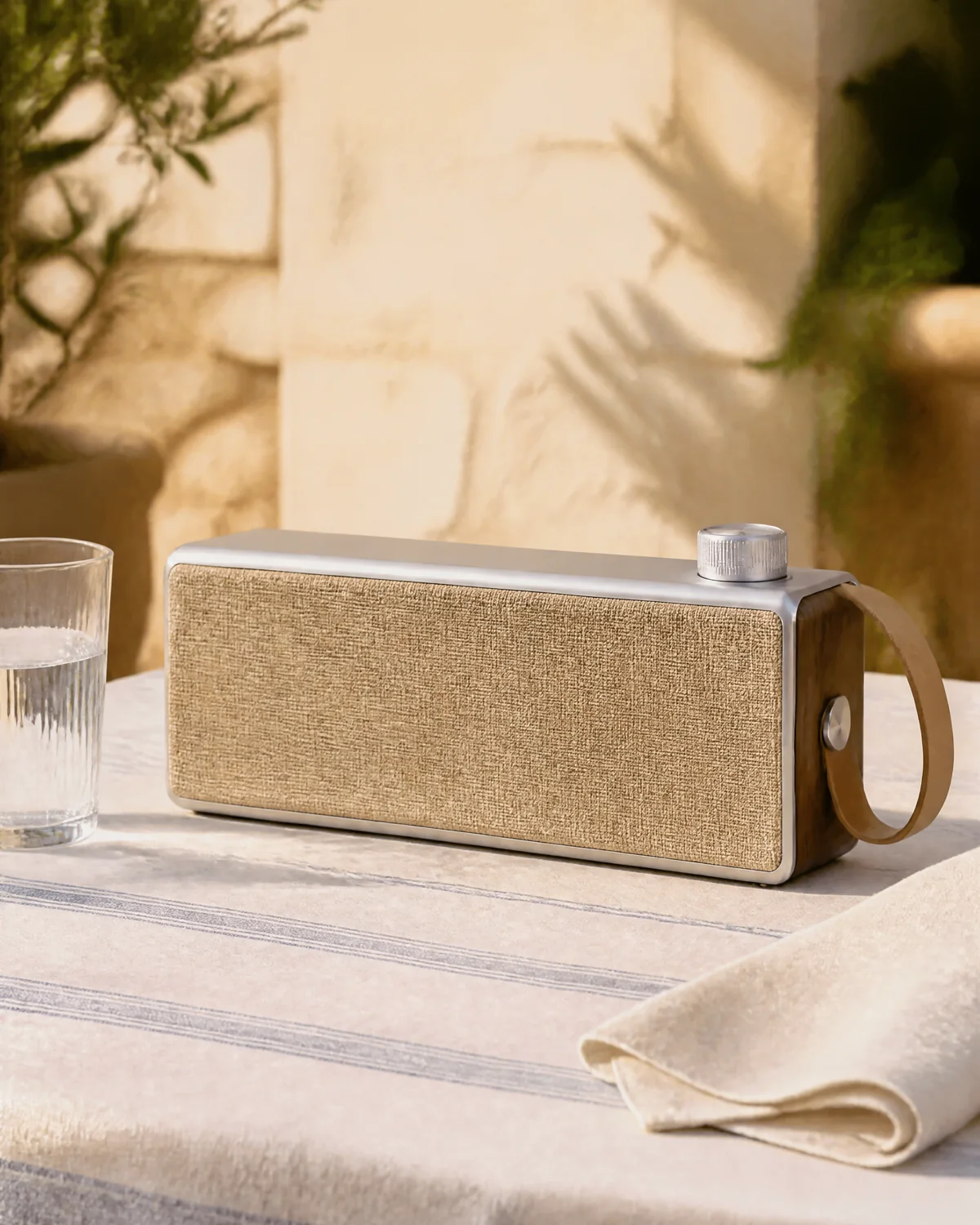 Portable speaker in a Mediterranean lifestyle scene